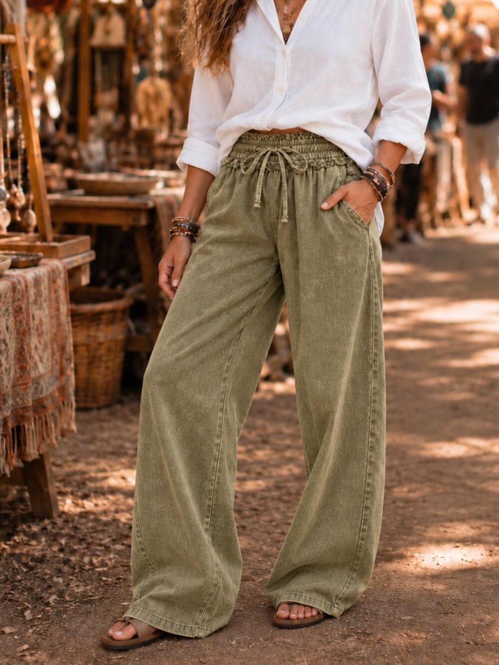 Zenana 100% Tencel Mineral Wash Coastal Wide Leg Boho Flowy Pants Olive Boho NWT - Picture 4 of 12